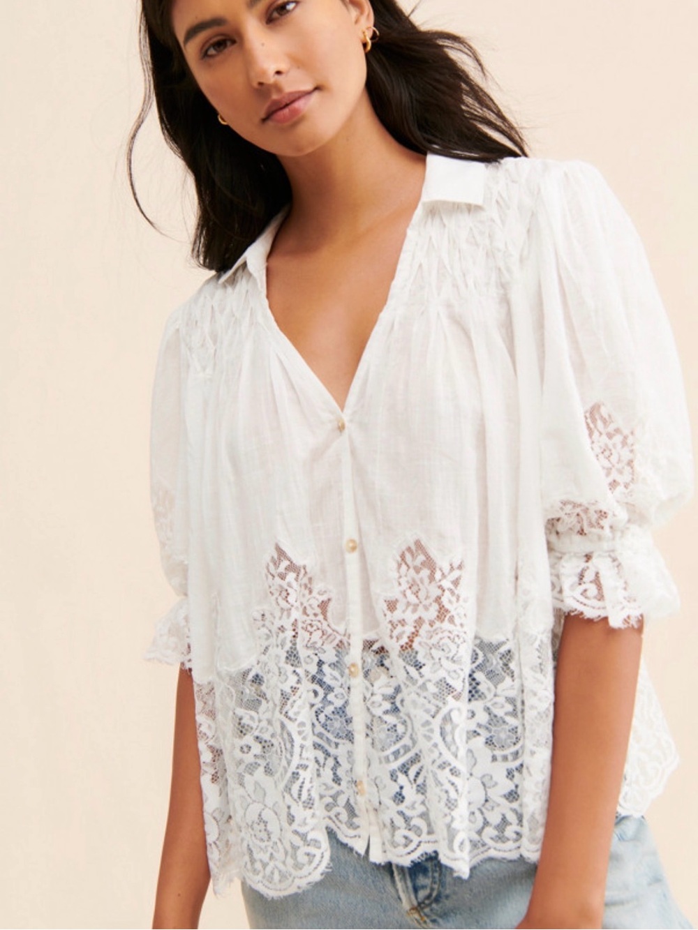 Anthropologie Lace Blouse Top Size Large Ivory Sheer Boho Romantic Button Front